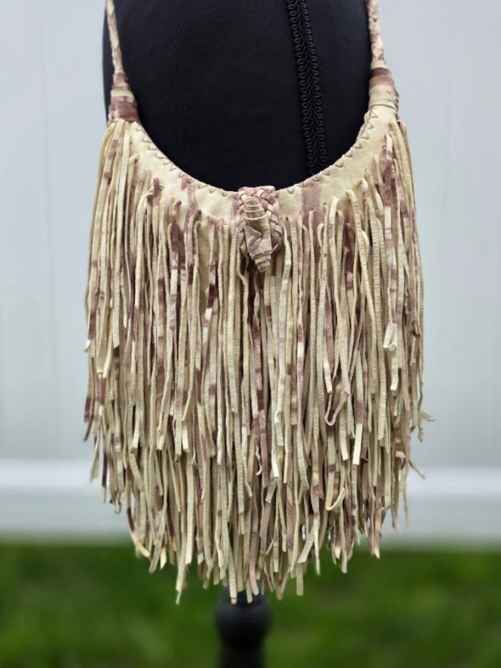 En Shalla Leather Fringe Crossbody Bag Boho Lavendar Cream